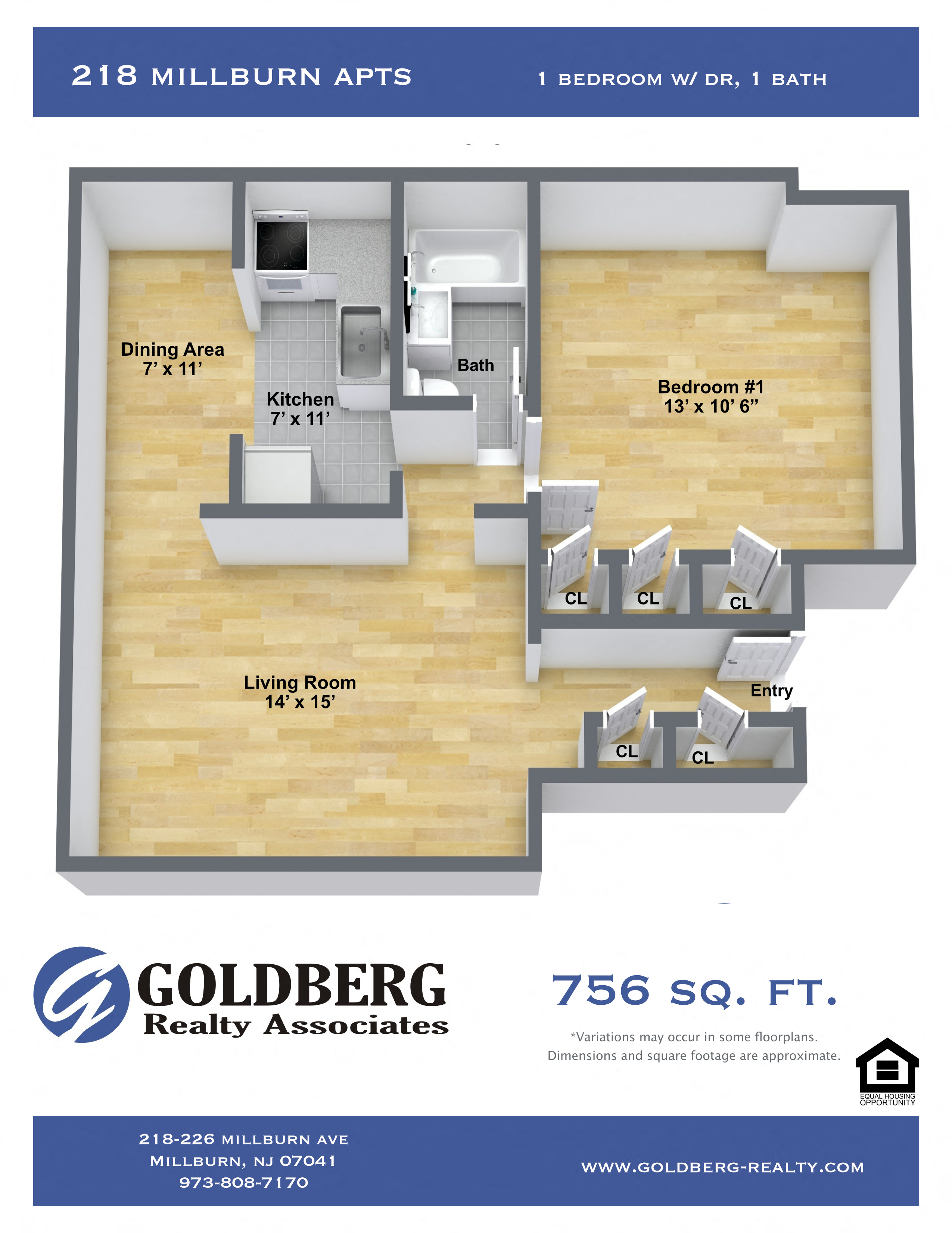 Floor plan for 1 bed, 1 bath, 756 sqft